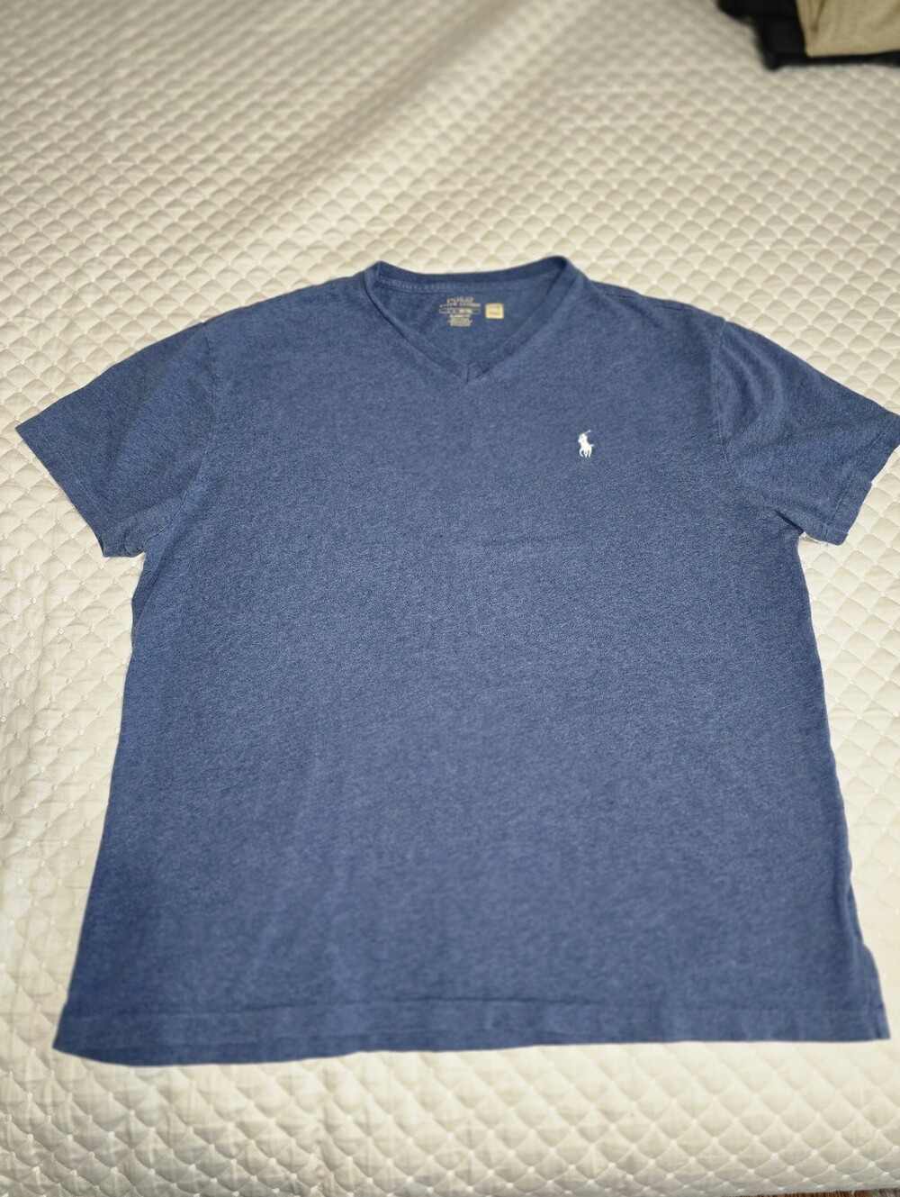 Lg - Ralph Lauren Men's Heathered Navy V-Neck Polo Player Tee. (CLEAN)